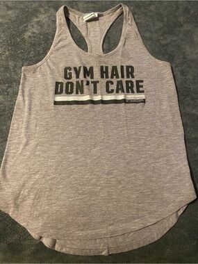 Victoria's Secret PINK Gray Racerback Tank with 'Gym Hair Don't Care' Print